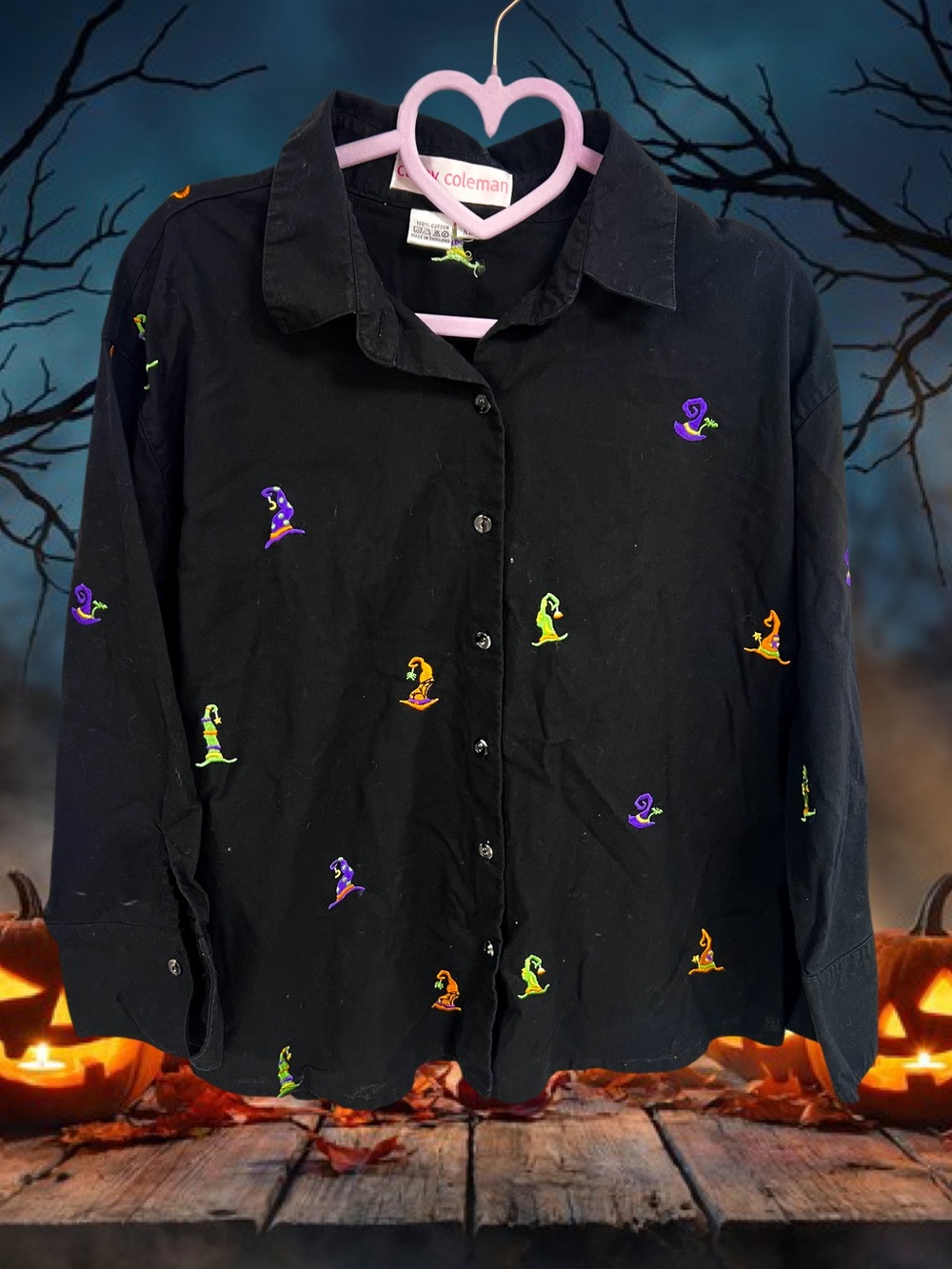 Vintage Casey Coleman black button up with embroidered Halloween witch hats